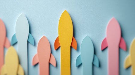 Vibrant Paper Cutout Rocket Ships: Yellow Leader Rocket Ascending Above Pastel-Colored Competitors on a Soft Blue Background Concept for Business Growth, Startup Success, Competition, and Leadershipの素材