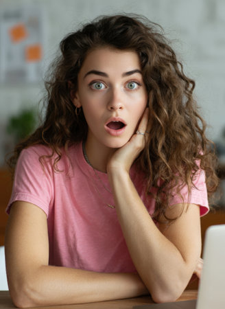 Close-up of a shocked young woman with bright eyes and long, curly hair, wearing a pink t-shirt. She sits at a desk, hand on face, reacting with a gasping, open-mouthed expression to information on her laptop.の素材
