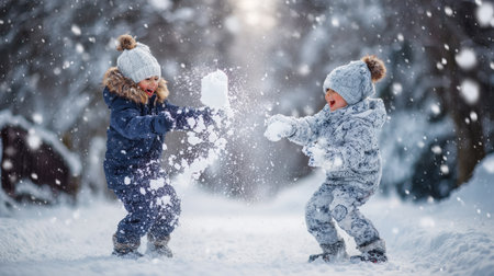 Two joyful kids having fun and laughing during a snowball fight in a snowy winter park. Beautiful outdoor childhood activity in fresh white snow during the holiday season.の素材