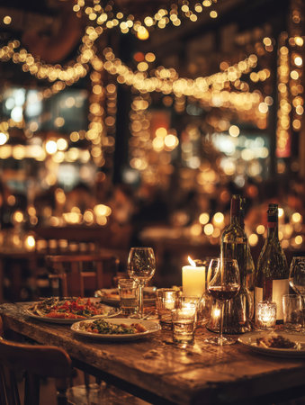 Cozy, romantic dinner scene in a restaurant featuring rustic wooden tables, flickering candles, and plates of Italian food with wine. Warm, golden string lights create a luxurious and intimate ambiance.の素材