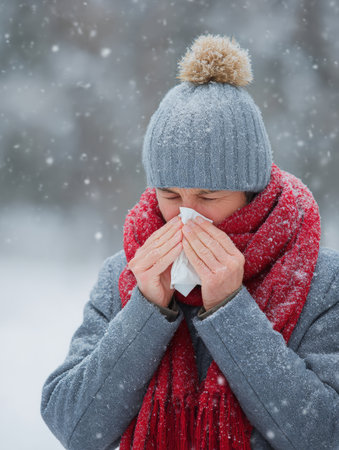 Woman Outdoors Sneezing or Blowing Her Nose into a White Tissue in Heavy Snowfall, Dressed in a Gray Pom-Pom Hat, Warm Red Scarf, and Gray Coat, Symbolizing Cold Winter Weather, Flu Season and Sickness.の素材