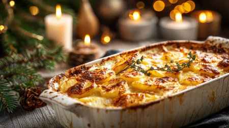 Close-up of golden-brown potato gratin (scalloped potatoes) in a white casserole dish, garnished with thyme. Classic side dish for a cozy Christmas or holiday dinner setting with warm candlelight.の素材