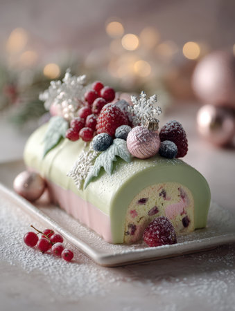 Festive and elegant Christmas log cake Buche de Noel with a pastel green glaze, topped with red berries, white snowflakes, and pink ornaments on a blurry, illuminated holiday background.の素材