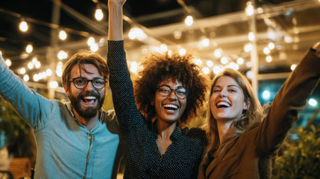 Three diverse and cheerful friends celebrating an outdoor event at night, laughing and raising their hands in excitement under the warm glow of string lights. Perfect representation of joyful togetherness, party lifestyle, friendship, and fun.の素材