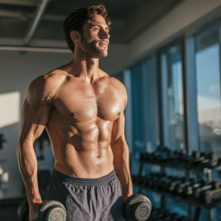 Handsome, shirtless athletic man with a perfect six-pack holding dumbbells, catching warm sunlight in a modern gym. Ideal image for fitness, strength, bodybuilding, and healthy lifestyle.の素材