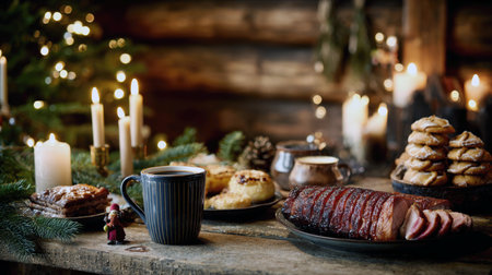 Cozy Christmas table with a mug of coffee, glazed ham slices, and stacked cookies on rustic wood. Set against a backdrop of glowing candles, a decorated tree, and a log cabin wall for a warm holiday feelの素材