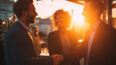 Three business people, including a man and a woman, shaking hands and smiling brightly during sunset on a rooftop terrace. Concept for successful partnership, corporate deal, and team achievement.の素材