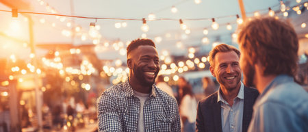 Outdoor Rooftop Celebration: Diverse Group of Business Professionals Socializing and Laughing Under Warm String Lights at Sunset Networking Event.の素材