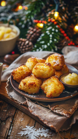 Golden Fried Potato Dumplings or Fritters Served on a Rustic Wooden Table with Apple Sauce, Dusted with Powdered Sugar, and Surrounded by Christmas Decorations, Pine Needles, and Twinkling Lights for Holiday Dinner.の素材