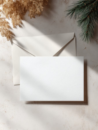 Blank White Textured Greeting Card Mockup: Vertical Overhead View of an Empty Card and Envelope with Natural Light and Shadow Overlay on a Pale Background.の素材