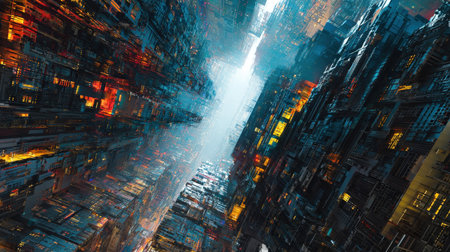 Ultra High-Tech Cyberpunk Cityscape: Low-Angle View of Towering Metallic Structures and Buildings with Neon Lights, Converging to a Bright Horizon.の素材