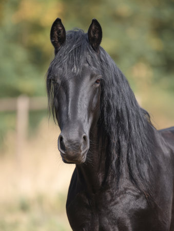 Majestic Black Friesian Horse Portrait: Close-Up of the Head and Neck of a Beautiful Stallion with Flowing Mane and Dark Coat Against a Blurred Natural Background.の素材
