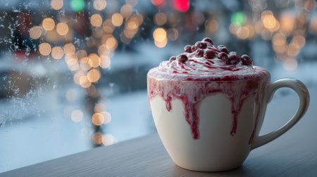 White mug filled with creamy hot beverage, topped with whipped cream, raspberry syrup drizzle, and berries. Served on a window ledge against a blurred, frosty street light backdrop.の素材