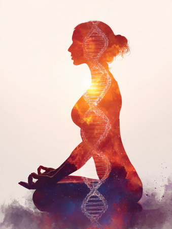 Mind-Body Connection and Genetic Health: Woman Silhouette in Yoga Meditation Pose with Double Helix DNA Structure Overlay, Representing Wellness, Spirituality, Science, and Inner Energy Flow.の素材