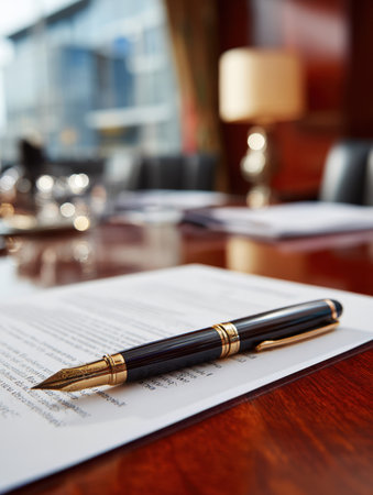 Close-up of a luxurious black and gold fountain pen resting on a legal document or contract, with blurred corporate office furniture and large window views in the background.の素材