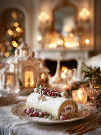 Elegant White Christmas Yule Log Buche de Noel. Festive Dessert Roll with Cream Filling and Frosted Berries, Served on a Holiday Table with Golden Decorations and Fireplace Glow.の素材