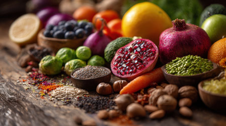 A stunning, close-up composition showing a colorful and diverse bounty of healthy superfoods, including Brussels sprouts, blueberries, pomegranate, seeds, nuts, and spices on wood.の素材