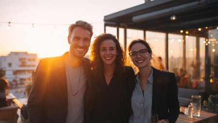 Joyful Group Portrait of Three Diverse Business Professionals or Friends Posing Together on a Modern City Rooftop Terrace During Golden Hour Sunset, Celebrating Success or Enjoying a Casual Corporate Eventの素材