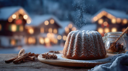 A beautiful, atmospheric image of a fresh bundt cake being sprinkled with sugar on a wooden board, surrounded by cinnamon and star anise. The warm, festive lights of a snowy village glow softly in the background.の素材