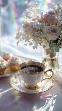 steaming cup of coffee or tea in a delicate, gold-trimmed vintage porcelain cup. Set by a window with rainbow light refractions, the scene is completed by a soft bouquet of pale roses and sweet cupcakes, creating a romantic mood.の素材