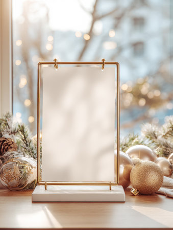 Vertical Christmas Menu Mockup: Close-up of a Blank White Card in a Gold Frame on a Countertop, Surrounded by Pine Branches, Ornaments, and Warm Bokeh Lights in Front of a Sunny Windowの素材