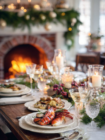 Luxurious Christmas Dinner Setting: Vertical Close-up of Table with Lobster Tail, Appetizers, Fine Crystal Glasses, and Fireplace in a Warm Holiday Dining Room.の素材