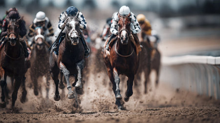 Extreme close-up, dynamic action shot of thoroughbred racehorses and jockeys thundering down a dusty dirt track during a competition. Focus is on the lead horses kicking up dramatic spray of dirt and sand.の素材