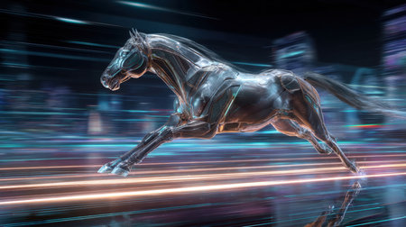 Futuristic Robotic Chrome Horse Running at High Speed Through a Digital Cyber City with Neon Light Trails Representing Advanced Artificial Intelligence Power Global Connectivity, and Cyberpunk Energyの素材