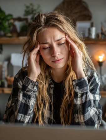 Stressed young woman with freckles suffering from severe headache and migraine at home, exhausted female student touching temples in pain while working on laptop, burnout and mental health concept.の素材