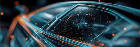 Futuristic Autonomous Car Interface Concept with Digital Head-up Display on Glass Windshield and Glowing Orange Light Streaks, Advanced Smart Vehicle Technology Visualization for Automotive Industry.の素材