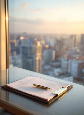 Professional Business Document with a Golden Pen on a Clipboard Resting on an Office Desk Near a Window Overlooking a Modern Cityscape at Sunset, with Warm Sunlight Reflecting on the Workspace Surfaceの素材