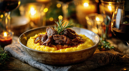 Slow Cooked Braised Beef Short Ribs Served over Creamy Yellow Polenta with Fresh Rosemary Garnish and Red Wine in a Cozy Candlelit Restaurant Setting, Romantic Dinner Table with Warm Golden Bokeh Lightsの素材