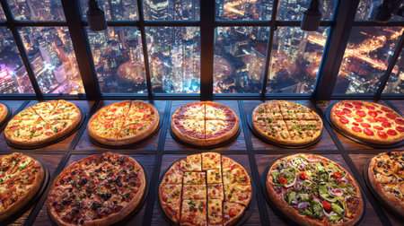 Variety of delicious hot pizzas including pepperoni margherita, and veggie toppings arranged on wooden tables in a high rise restaurant with a stunning illuminated city skyline view at night timeの素材