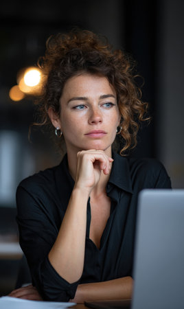 Thoughtful young business woman with curly hair, and freckles sitting at a desk with a laptop looking away and thinking deeply about work projects in a modern office or creative studio environmentの素材