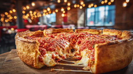 Delicious authentic Chicago style deep dish pizza with thick buttery crust, and melting mozzarella cheese pull served in a cozy rustic restaurant interior with warm bokeh lights and urban atmosphereの素材