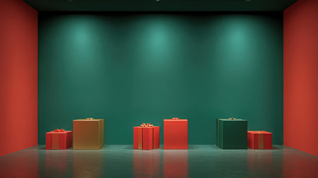 Minimalist Christmas Studio Background with Red and Gold Gift Boxes Arranged on a Glossy Floor Against a Deep Green Wall with Spotlights, Elegant Modern Holiday Display for Luxury Product Mockup.の素材