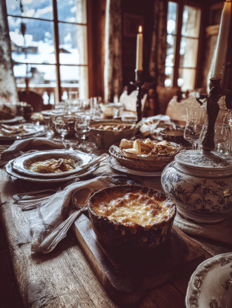 Warm rustic dinner table with traditional onion soup and baked delicacies. Cozy cabin atmosphere with candles and snowy mountain view through the window, perfect for winter holiday food concepts.の素材