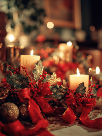 Traditional Christmas Table Decoration Featuring Elegant Lit Pillar Candles Adorned with Festive Red Ribbons Holly Leaves, and Berries in a Warm Glowing Bokeh Atmosphere for Holiday Interior Designの素材