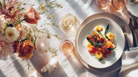 Top view of gourmet heirloom tomato salad served with white wine on an elegant sunlit table with floral centerpiece and linen cloth, fine dining restaurant lunch concept with beautiful shadows.の素材