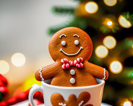 gingerbread man in a cup on the background of a Christmas tree, created by artificial intelligenceの素材