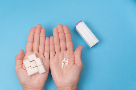 in the woman's left hand there are sugar cubes on a blue background in the right hand there are sweetener tabletsの写真素材