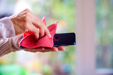 a woman wipes the phone screen with a pink clothの写真素材