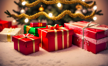 illustration of a festive Christmas tree. Traditional Christmas decoration at home. Gifts under the Christmas tree decorated with garlands, various toys and a star.の素材