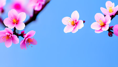 pink cherry blossoms on a light blue backgroundの素材