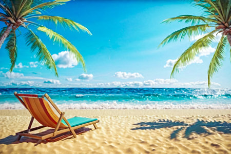 Beach chair on tropical beach with palm trees and blue sky backgroundの素材