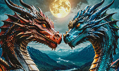 Dragon and full moon in the sky. 3D illustration. Fantasy.の素材
