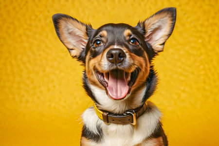 Portrait of a happy dog on a yellow background. The dog is smiling.の素材