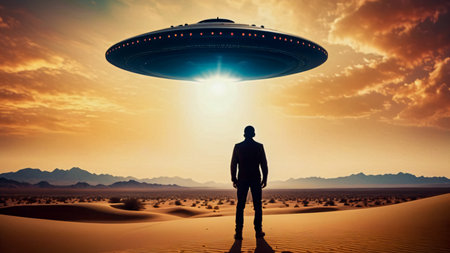 UFO abducts a man in the desert. 3d renderingの素材