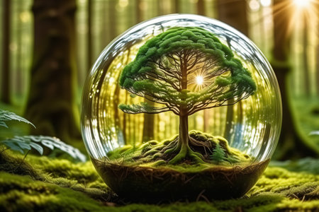 Glass ball with a tree inside in the forest. 3d renderingの素材