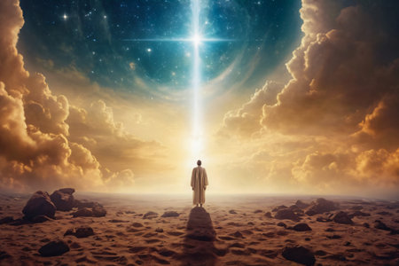Man standing on the edge of the earth with a shining star in the backgroundの素材